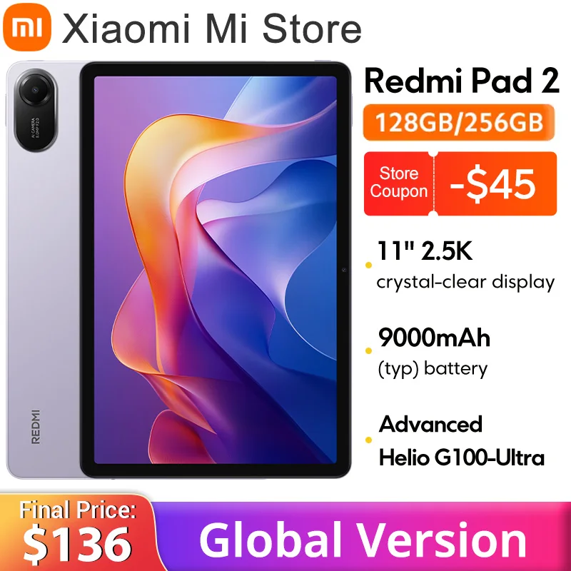샤오미 레드미 패드 2 글로벌 버전 고급 Helio G100-Ultra 11인치 2.5K 크리스탈 선명한 디스플레이 18W 고속 충전 9000mAh 배터리