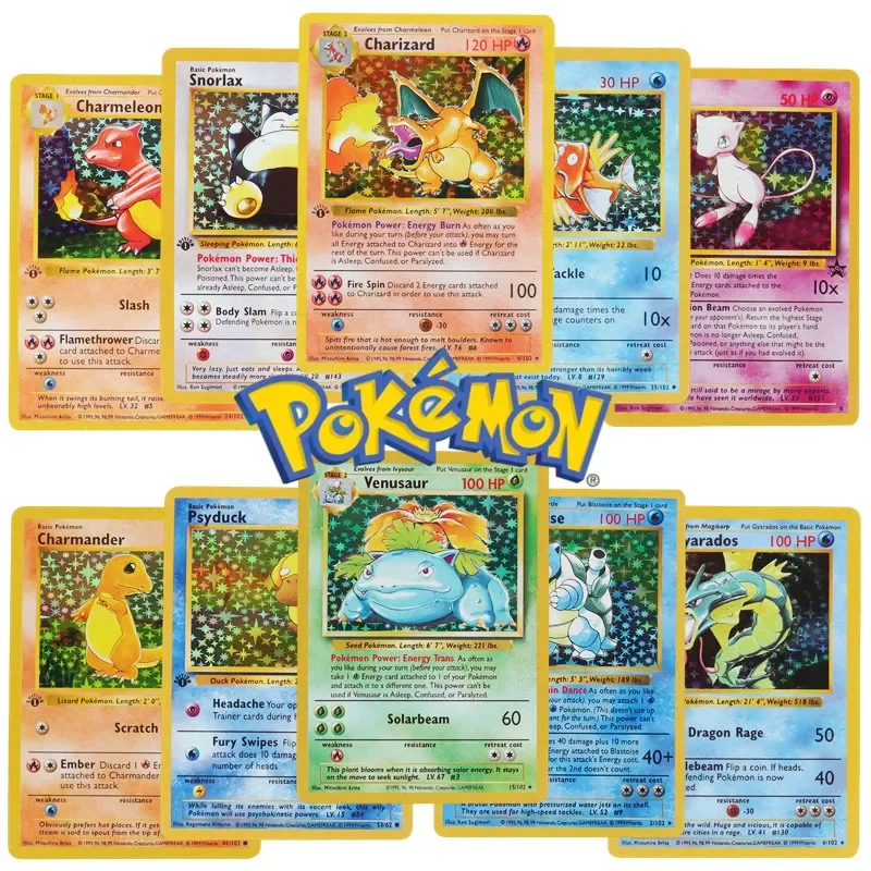 151 개/상자 1996 1 세대 포켓몬 카드 Charizard Pikachu Mewtwo Blastoise 수집 카드 장난감 영어 버전