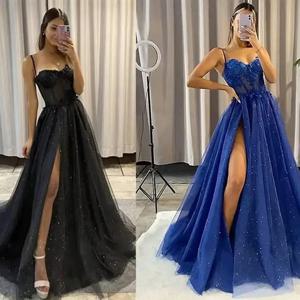 새로운 스타일 레이스 Tulle 댄스 파티 드레스 스파게티 스트랩 섹시한 높은 슬릿 긴 공식 가운 Vestidos