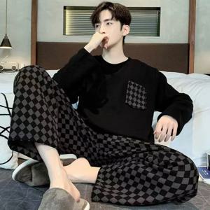 플러스 사이즈 남성 잠옷 스트라이프 긴 소매 긴 바지 크루 넥 부드러운 통기성 십대 학생 Loungewear Two-Piece Cartoon Letter