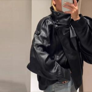 PRINTKAOIR 블랙 비대칭 버튼 가죽 재킷 여성용 라펠 긴 소매 따뜻한 스트리트 재킷 2025 가을 겨울 여성 아우터