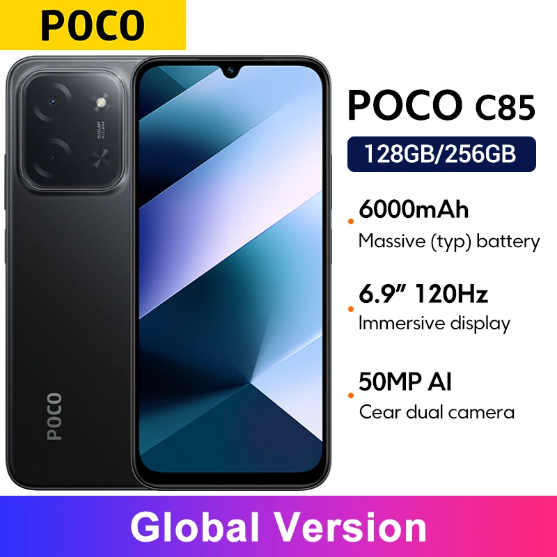 [월드 프리미어] POCO C85 글로벌 버전 스마트폰 128/256GB Helio G81-Ultra 6000mAh 배터리 6.9인치 디스플레이 50MP 카메라 33W NFC