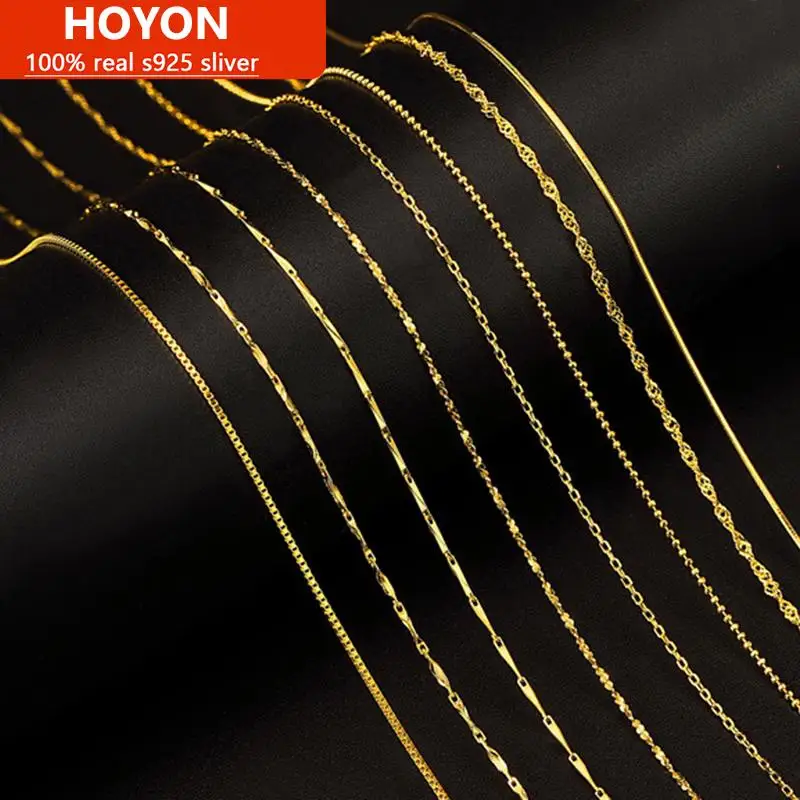 HOYON 순수 14k 골드 도금 목걸이 여성 목 고리 리얼 골드 박스/O 크로스/뱀 뼈/물결/쇄골 체인 쥬얼리