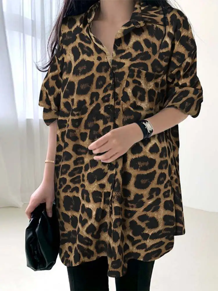 여성 보헤미안 레오파드 프린트 셔츠 ZANZEA Vintage Button 루즈 블라우스 캐주얼 튜닉 탑 2022 가을 옷깃 넥 긴팔 블라우스