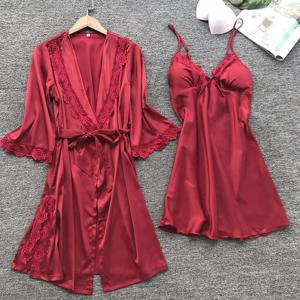 여성용 새틴 홈 잠옷 세트, 레이스 로브, 수면 세트, V넥, 웨딩 잠옷, Nighty & Rob, 2PCs