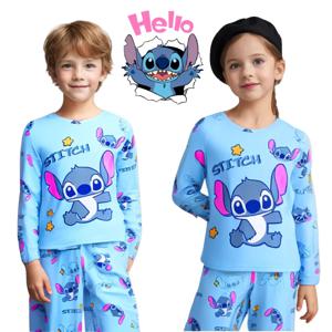 2025 봄 여름 2 개/대 어린이를위한 스티치 Homewear 잠옷 아기 부드러운 우유 실크 블루 애니메이션 스티치 긴 소매 잠옷 세트