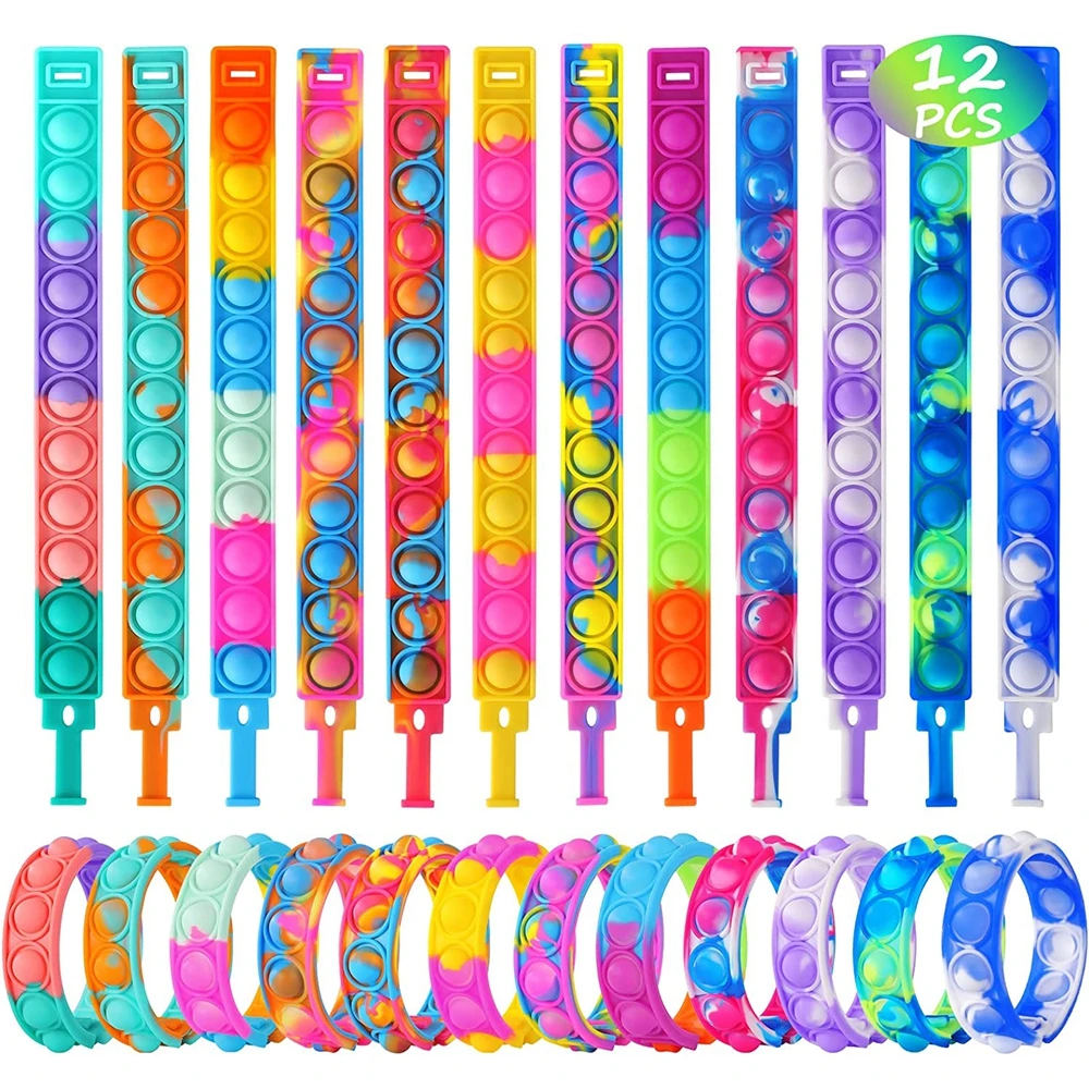 12PCS Fidget 장난감 팝 팔찌 파티는 버블 팔찌를 선호합니다 어린이를위한 푸시 팝 감각 스트레스 릴리버 장난감 어린이 선물