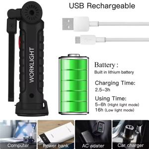 LED 손전등 충전식 작업등 걸이형 후크 자석 내장 배터리 USB 휴대용 플래시 라이트 캠핑 수리용 토치