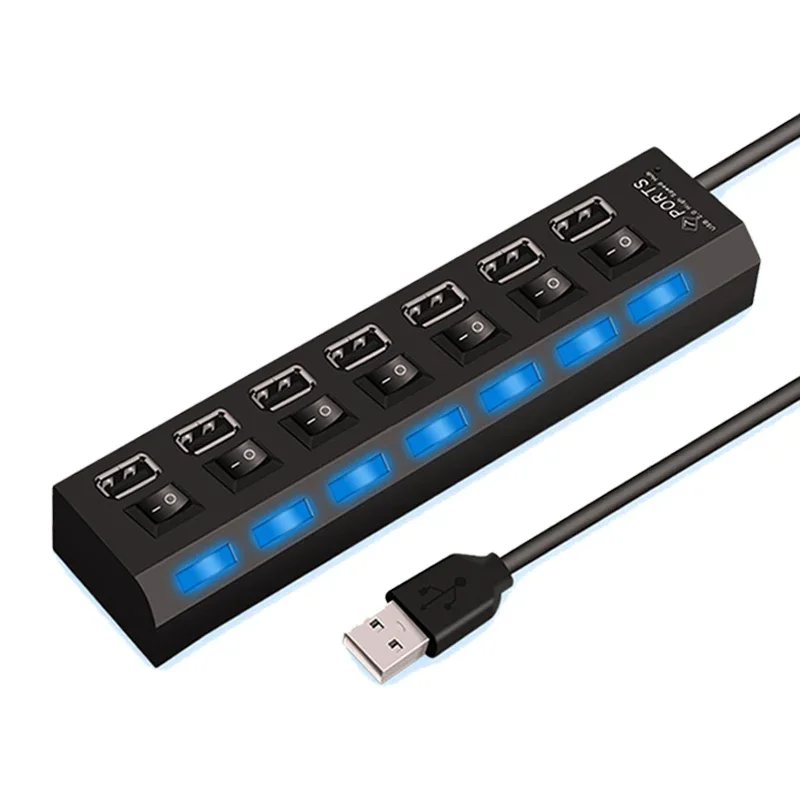 익스팬더 멀티 USB 분배기 PC 노트북 용 LED 램프 스위치가있는 다중 익스텐더 고속 4/7 포트 USB 허브 2.0 어댑터