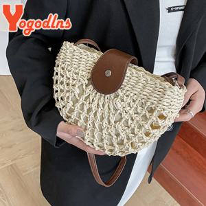Yogodlns 여성용 빨대 가방, 반원 크로스바디 백, 라탄 수제 메신저 핸드백, 여행 비치 백, 토트, 여름 패션