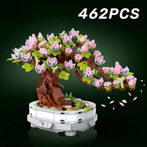462PCS 분재 빌딩 블록 꽃 크리 에이 티브 식물 벚꽃 나무 화분 꽃다발 DIY 홈 인테리어 선물 완구