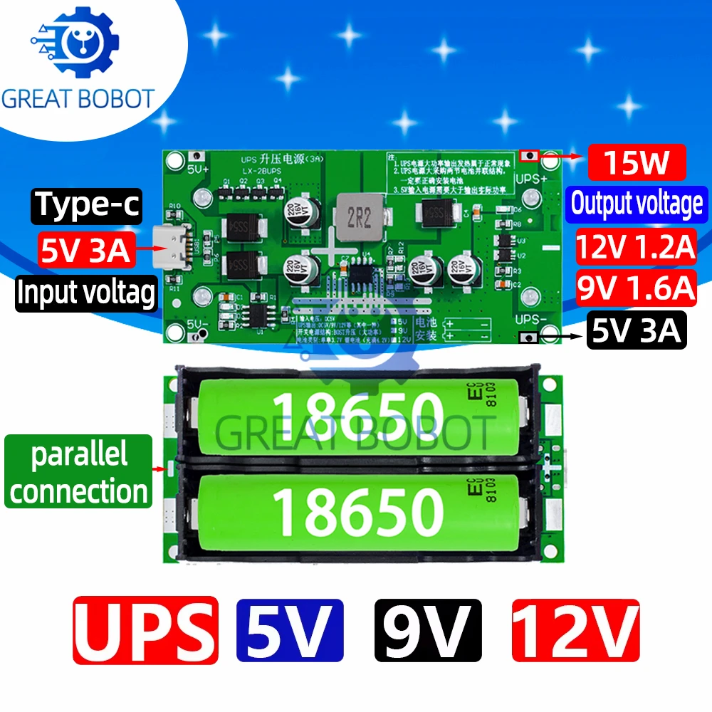 BS Type-C 15W 3A 18650 리튬 배터리 충전기 모듈 DC-DC 스텝 업 부스터 고속 충전 UPS 전원 공급 장치/변환기 5V 9V 12V