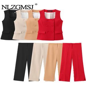 2024 여름 정장 WomanTrendy 스퀘어 넥 민소매 더블 브레스트 양복 조끼 탑 + 중반 허리 바지 여성 2 피스 세트