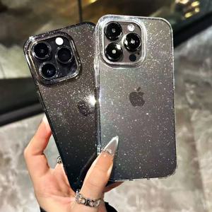 새로운 럭셔리 블링 글리터 클리어 케이스 iPhone 16 15 14 13 12 11 Pro Max Mini X XR XS 충격 방지 TPU 투명 소프트 커버