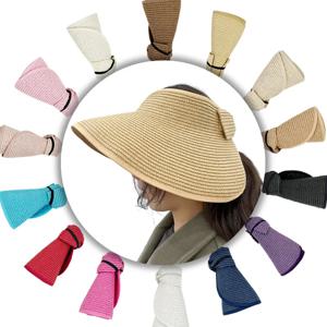 새로운 여성 여름 바이저 모자 접이식 와이드 대형 브림 Bowknot 빈 탑 밀짚 모자 chapeau femme Beach UV Protection Caps