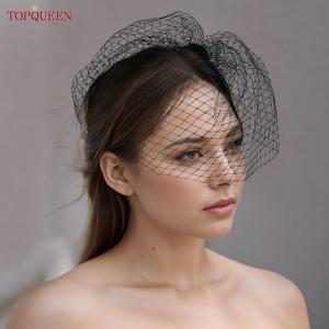 TOPQUEEN VA02B 100% 수제 새장 베일 블러셔 베일 화이트 리본 꽃 머리띠 베일 신부 헤어 액세서리 페이스 베일