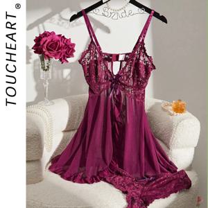 Toucheart 대비 레이스 나이트 가운 Deep V Backless Bow 슬립 드레스 여성 섹시한 시스루 슬릿 레이스 파자마 끈 팬티가있는 2 피스 세트