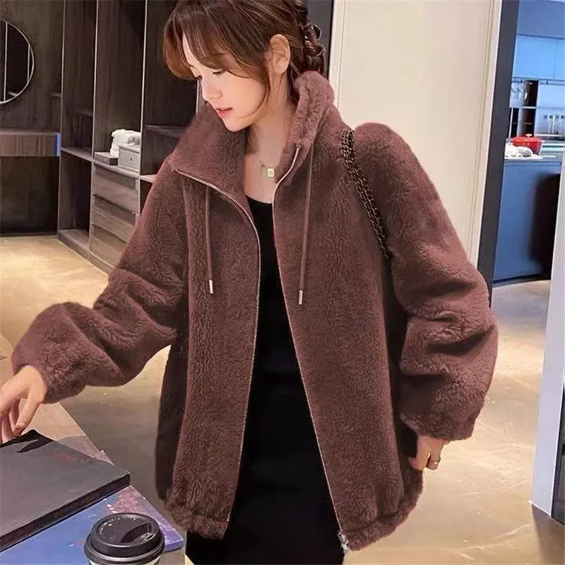 겨울용 따뜻한 이중 산호 플리스 코트 여성 스탠드 칼라 플러시 두꺼운 오버코트 신상 패션 루즈 캐주얼 긴팔 지퍼 옷