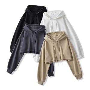 섹시한 짧은 후드 티셔츠 여성 패션 솔리드 컬러 긴 소매 자르기 탑 한국 streetwear 풀오버 후드 여성