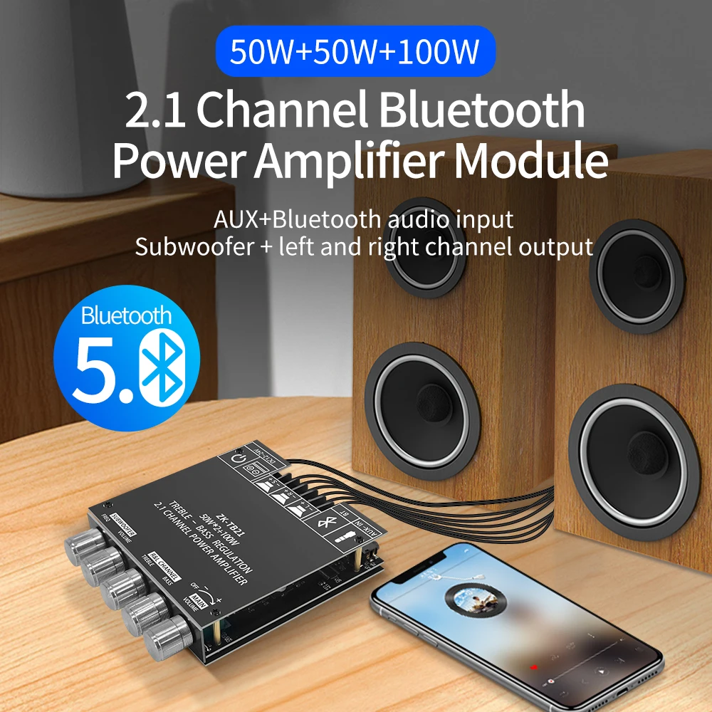 블루투스 호환 오디오 스테레오 서브우퍼 앰프 모듈 50W*2+100W 2.1 채널 디지털 파워 앰프 보드 AUX ZK-TB21