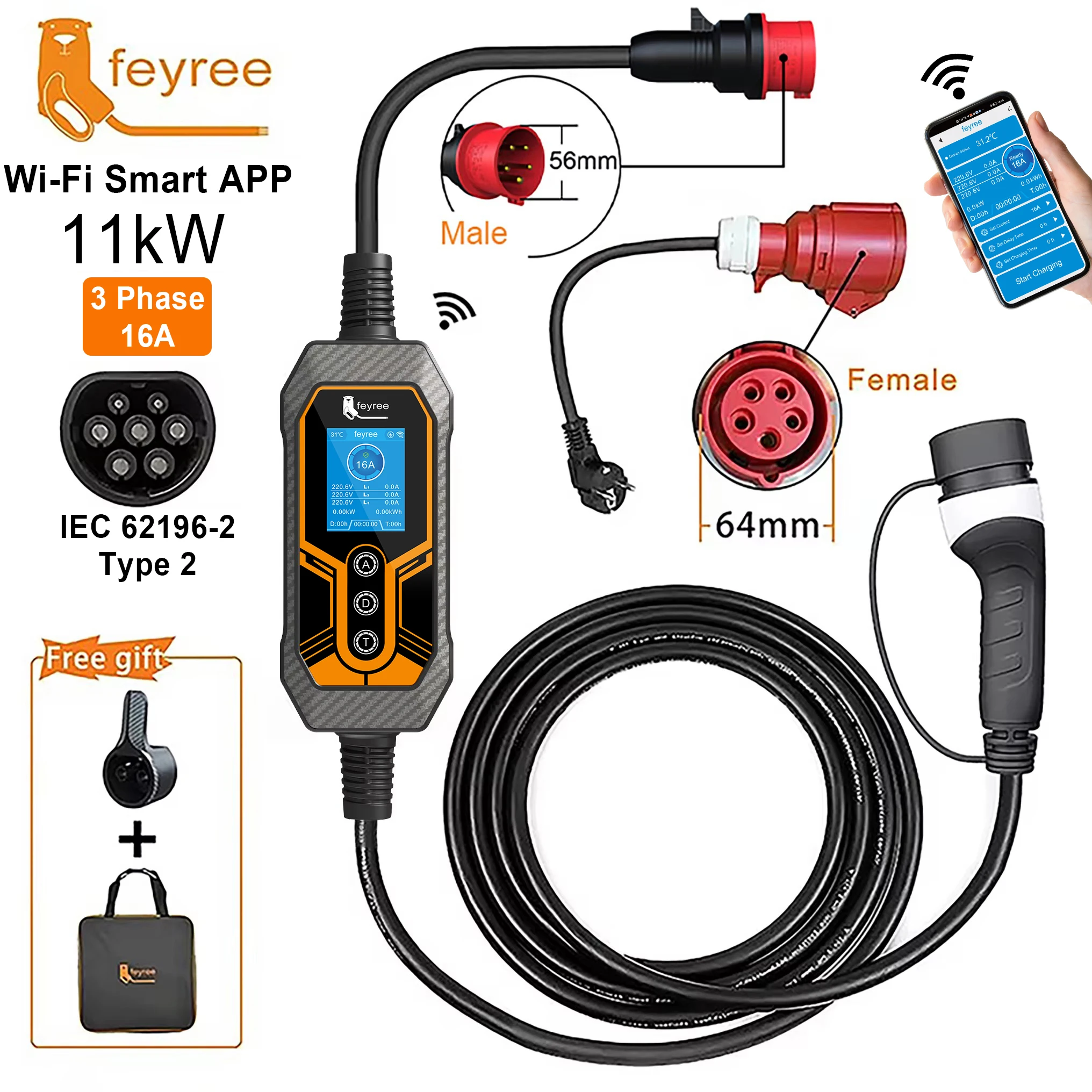 Feyree 11kW Type2 16A 3상 휴대용 EV 충전기 Wi-Fi APP Bluetooth 버전 EVSE 충전 케이블 전기 자동차용 5m CEE 플러그