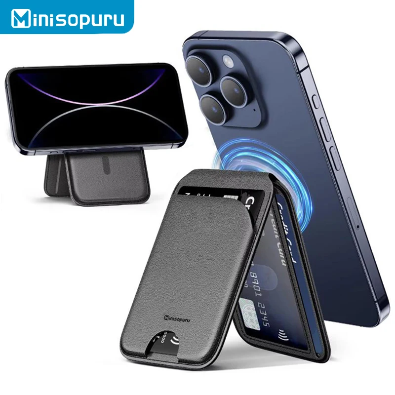 Minisopuru 자기 지갑 전화 스탠드 iPhone16 15 14 12 경량 MagSafe 전화 카드 스탠드 가죽 자기 카드 홀더