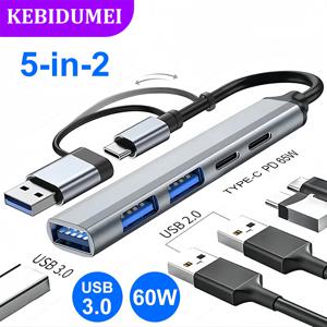 5-IN-2 USB C 허브 유형 C-USB 3.0 허브 PD 65W 멀티 USB 분배기 어댑터 OTG Lenovo Macbook Pro 컴퓨터 액세서리