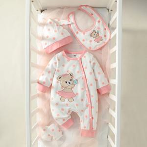 아기용 긴팔 라운드 넥 물방울 무늬 자수 곰 신생아 귀여운 캐주얼 점프수트, 턱받이 모자, 장갑, 사계절, 2025, 4 개