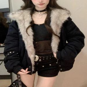 아메리칸 스타일 레트로 후드 재킷, 겨울 고딕 하라주쿠 패션 블랙 코트, 캐주얼 아우터, Y2k 퍼 칼라, 여성 시크 파카