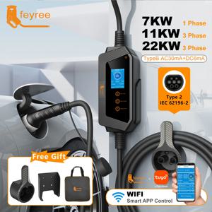 Feyree 휴대용 EV 충전기, 스마트 앱 와이파이 제어, 전기 자동차 충전기, 타입 2, 22KW, 11KW, 3P 고속 충전, 32A, 7KW, 1P