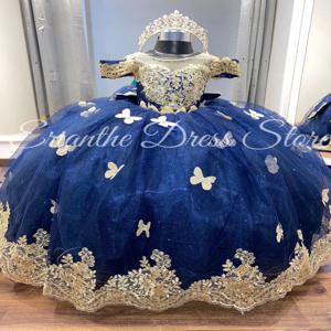 결혼식을위한 3D 나비 Applique 꽃의 소녀 드레스 Tulle Puffy Princess Kids 생일 파티 첫 성찬식 공 가운 맞춤