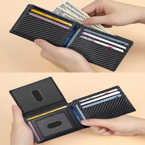 RFID 차단 초슬림 3단 지갑 카본 파이버 패턴 신용카드 홀더 (2개의 ID 창, 다중 카드 슬롯 포함)