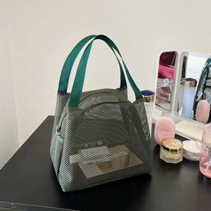 핸들이있는 새로운 대용량 메쉬 가방 여행 Toiltery 메이크업 가방 휴대용 비치 가방 화장품 지퍼 주머니