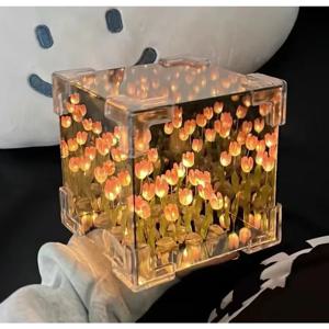 크리 에이 티브 Diy 튤립 꽃 바다 큐브 여자 친구 커플 여자 친구를위한 3 차원 작은 밤 램프 재료 패키지