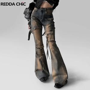 REDDAChiC 여성 로우 허리 플레어 카고 청바지 빈티지 워시 벨트 장착 부츠컷 바지 벨 바닥 오래된 Y2k 한국 streetwear