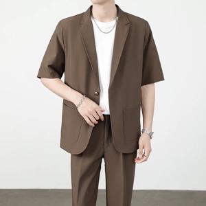 고급 아이스 실크 남성 정장 재킷 가벼운 캐주얼 반팔 여름 얇은 싱글 브레스티드 스타일리시 폴리에스터 섬유
