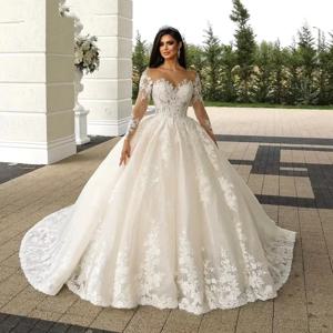 사용자 정의 환상 목 교회 웨딩 드레스 긴 소매 가운 레이스 구슬 신부 드레스 볼 가운 여성 vestidos de novia