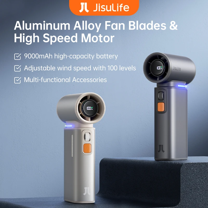 JISULIFE 휴대용 터보 휴대용 팬, 100가지 풍속 조절 가능, 9000mAh 충전식 배터리, LED 디스플레이, 야외 캠핑