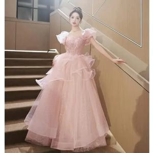 여성용 핑크 이브닝 드레스 예술 시험 무대 진행자 우아한 성인 행사 크로스보더 패셔너블 민소매 중국 브랜드