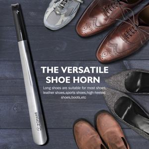 검은색 손잡이가 있는 16.5인치 스테인레스 스틸 쌍 구h주걱은 구부리지 않고 신발을 쉽게 신을 수 있습니다.