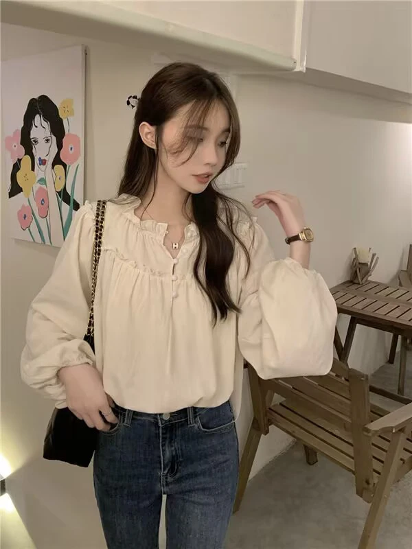 달콤한 나무 가장자리 긴 소매 여성 셔츠 봄 가을 느슨한 아름다운 인형 탑 유행 디자인 랜턴 슬리브 블라우스