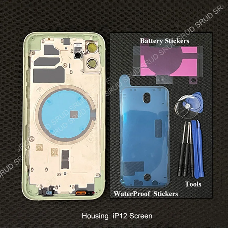 A++ iPhone 12용 후면 하우징 배터리 도어 후면 유리 커버 + 중간 프레임 + SIM 트레이 측면 키 + 자석 + 스피커 네트 부품