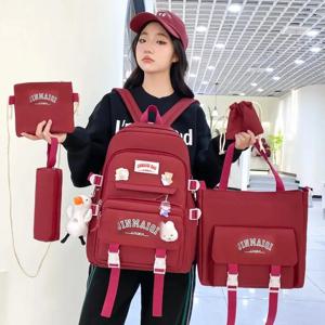 무료 펜던트 5피스 세트 포레스트 스타일 한국어 버전 캐주얼 하라주쿠 학생 배낭 고등학생 대용량