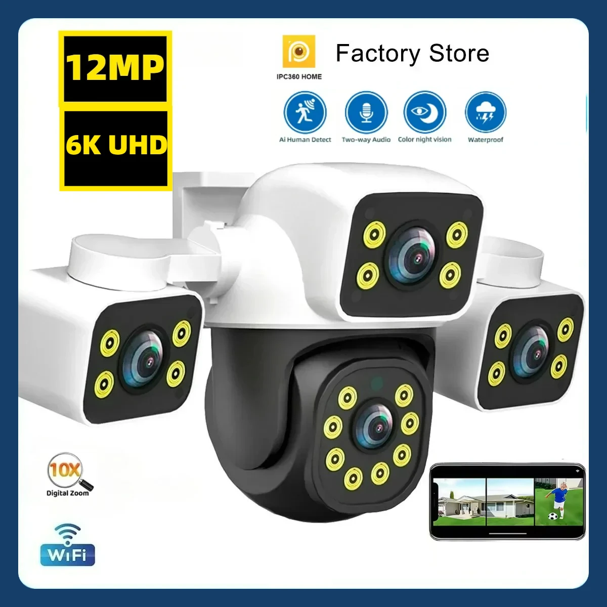 IPC360 홈 6K UHD 야외 WiFi IP 카메라 12MP 트리플 렌즈 AI 인체 감지 4K 자동 추적 CCTV 보안 모니터링