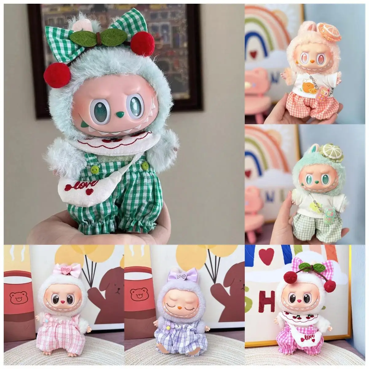 귀여운 미니 봉제 인형 옷 체리 슈트 17cm Labubu 옷 체크 점프 슈트 보우 복장 액세서리 패션 선물