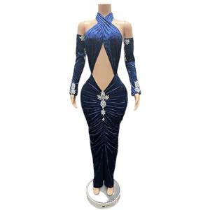 프리미엄 블루 벨벳 크로스 넥 기품있는 드레스, 연회 사회자/이브닝 드레스, 모델 캣워크, 우아한 롱 드레스, 파티 여성 의류