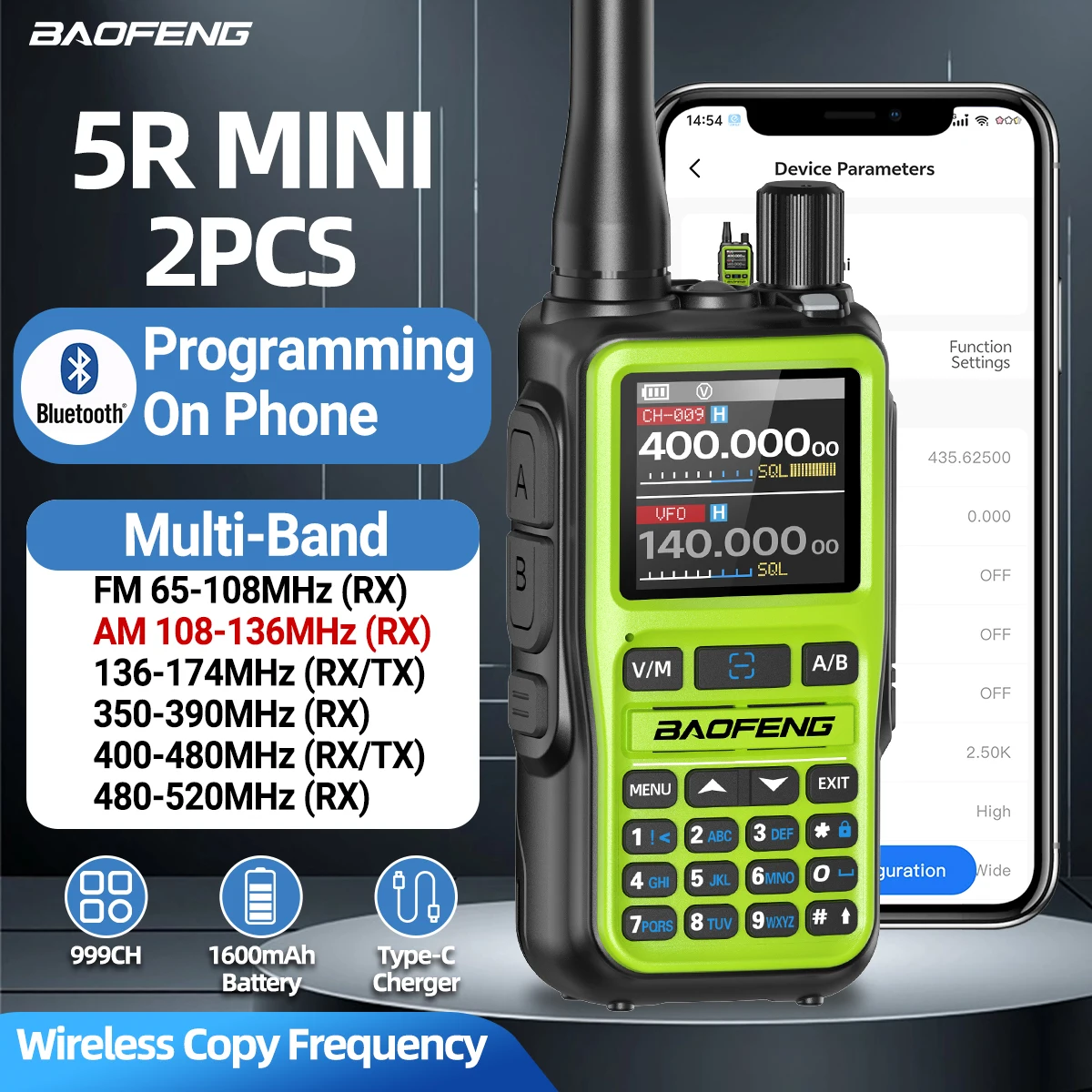 Baofeng UV 5R 미니 워키 토키 블루투스 프로그래밍 주파수 유형-C 충전기 듀얼 PTT 밴드 AM/FM 캠핑 휴대용 2 웨이 라디오