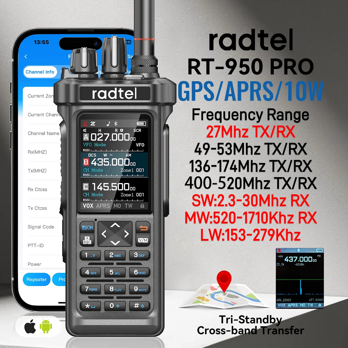 Radtel RT-950 PRO 워키토키 AM/FM/CB/LSB/USB/CW 수신기 GPS APRS 10W 블루투스 전화 프로그래밍 햄 라디오 RT-950PRO