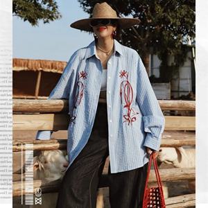 TIYIHAILEY 봄 줄무늬 가을 블라우스 탑 여성 긴 소매 티셔츠 자수 루즈 셔츠 턴 다운 칼라 싱글 브레스트 2026