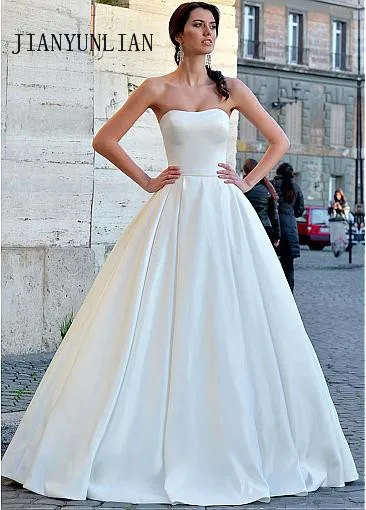 사용자 정의 새로운 도착 Strapless a 라인 웨딩 드레스 Ruched 새틴 가운 바닥 길이 신부 드레스 레이스 업 Vestidos De Noiva